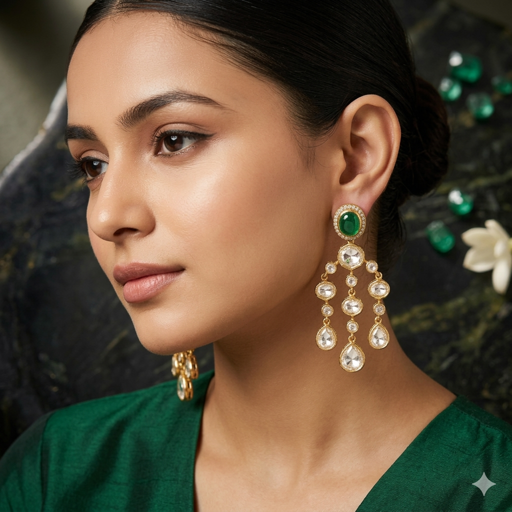 Jalparee Heritage Green Polki Dangle Earrings - Traditional Indian Wedding Jewelry