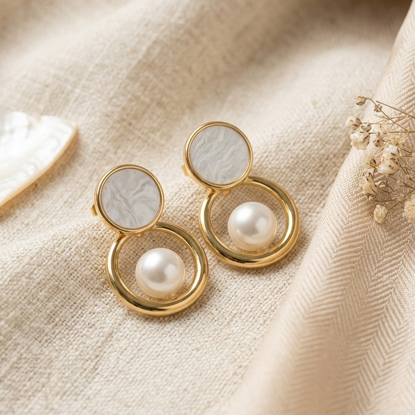 Jalparee Aura Geometric Gold-Plated Stud Earrings with Marble-Texture Accent and Floating Pearl