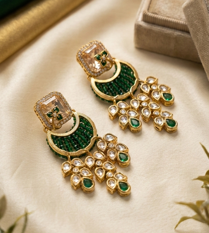 Jalparee Royal Emerald & Kundan Crescent Drop Earrings