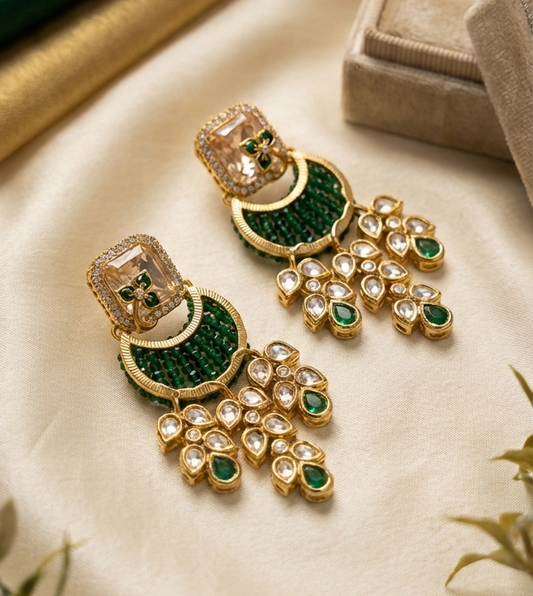 Jalparee Royal Emerald & Kundan Crescent Drop Earrings