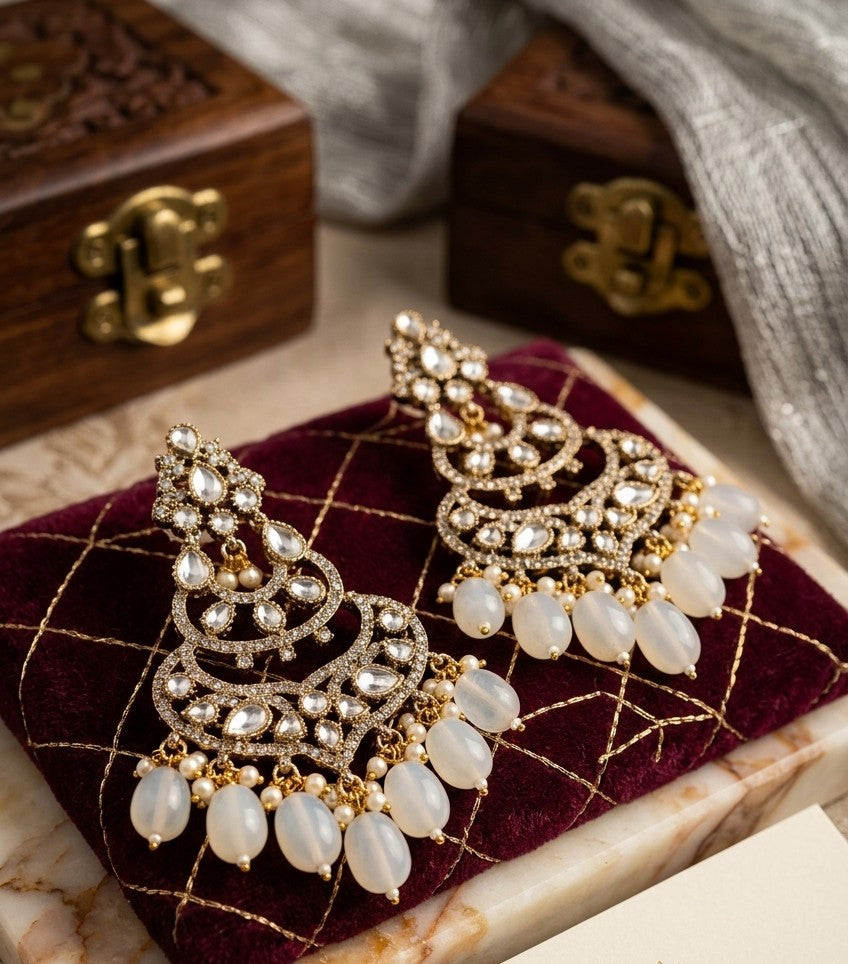 Jalparee Kundan Dangle Earrings with Opaline Beads & Gold Finish