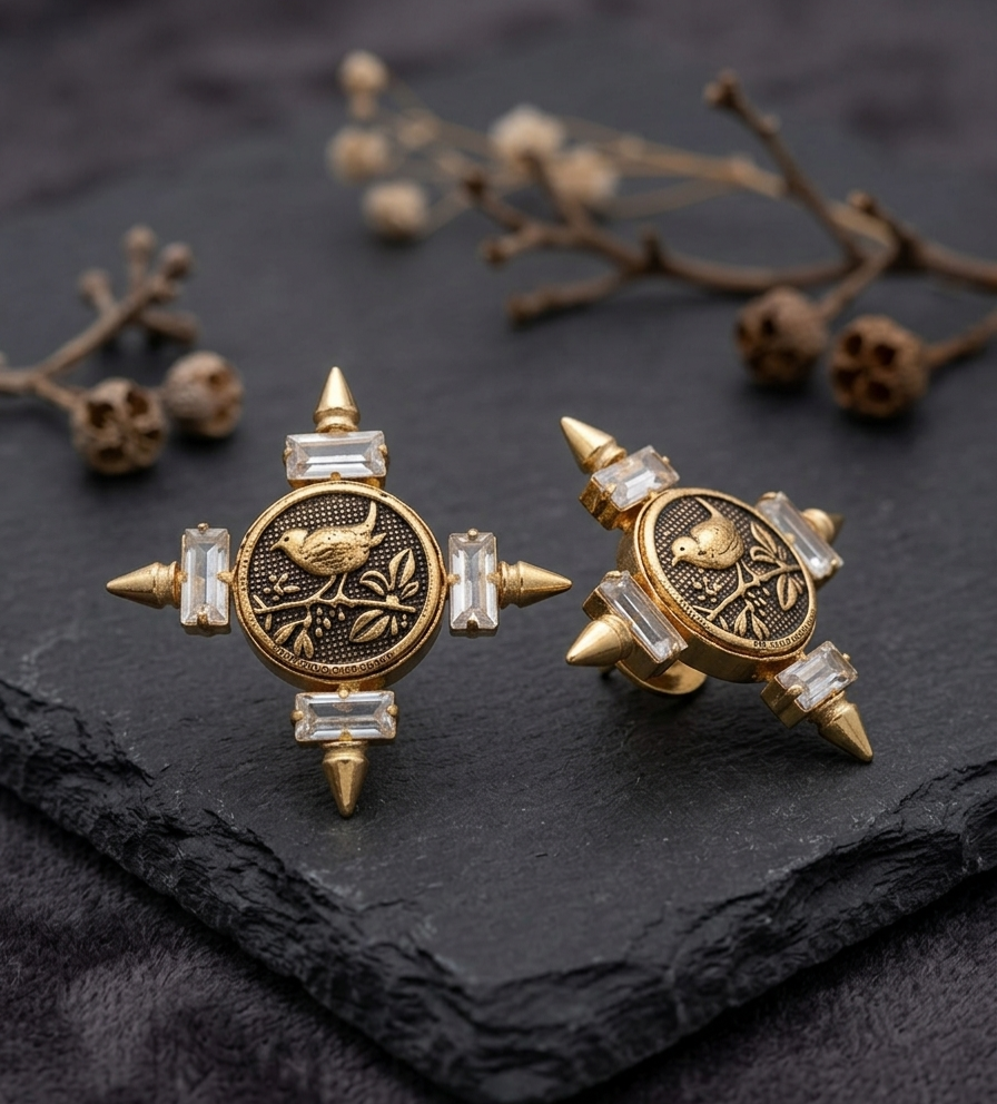 The Sparrow’s Crest: Antique Gold & Crystal Indowestern Studs