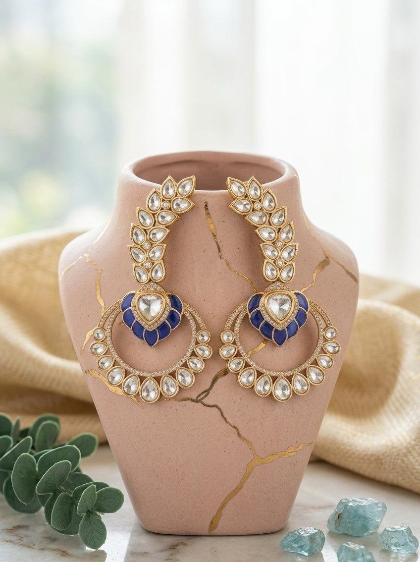 Jalparee Kundan and Blue Enamel Royal Drop Earrings with Detachable Hoop