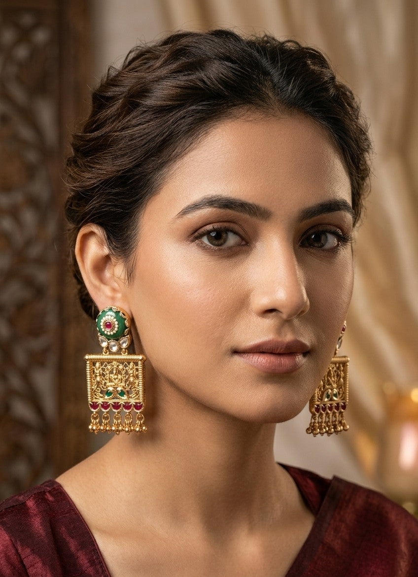 Jalparee ‘Virasat’ Kundan & Meenakari Temple Dangle Earrings with Red Bead Drops