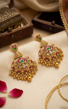 Jalparee Meera Antique Gold-Plated Jhumkas with Ruby & Emerald Accents