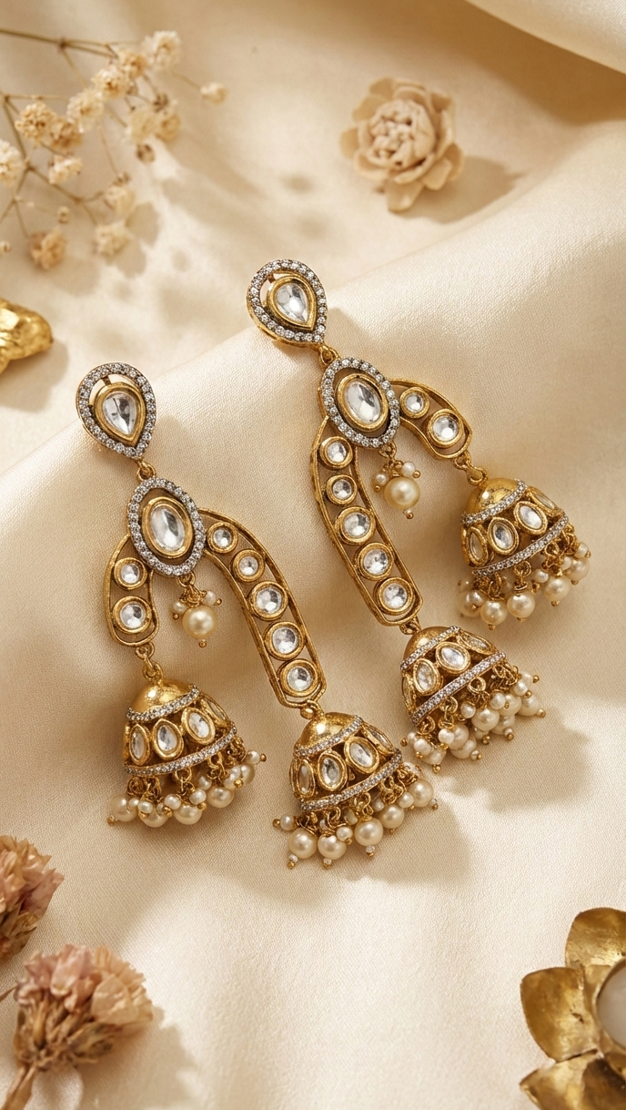 Jalparee Meenakari & Kundan Jhumka Earrings with Pearl Droplets