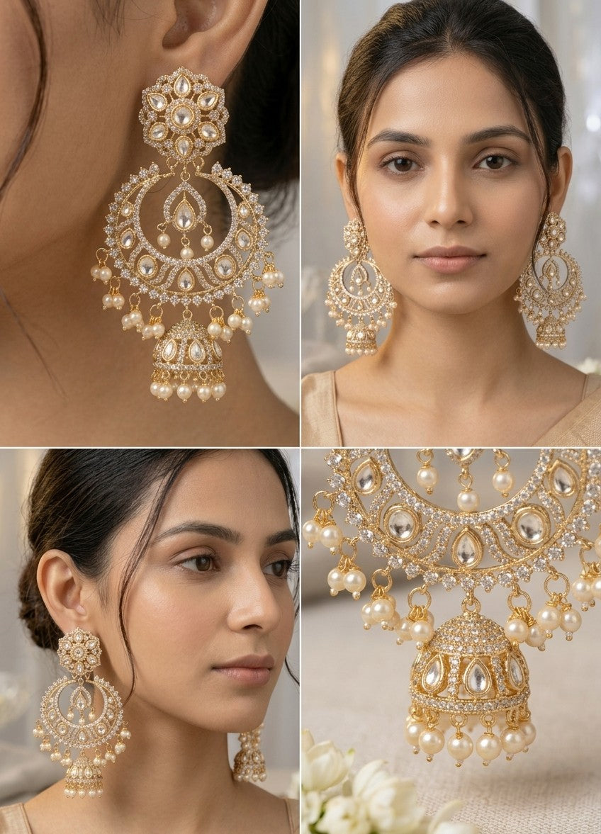 Jalparee Meera Kundan Jhumka Earrings with Pearls - Majestic Traditional Chandelier Jhumkas for Brides & Special Occasions