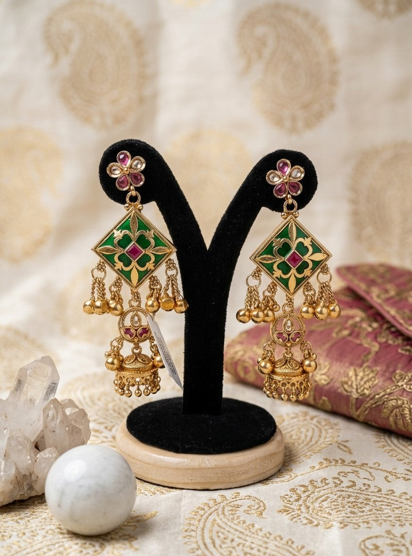 The 'Nila' Emerald-Green Meenakari & Kundan Jhumka Drop Earrings