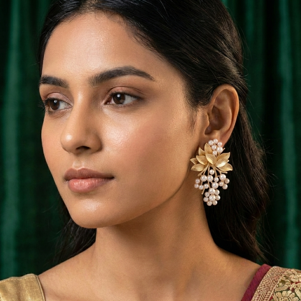 Jalparee Enchanted Vine Pearl & Gold Indo-Western Statement Earrings