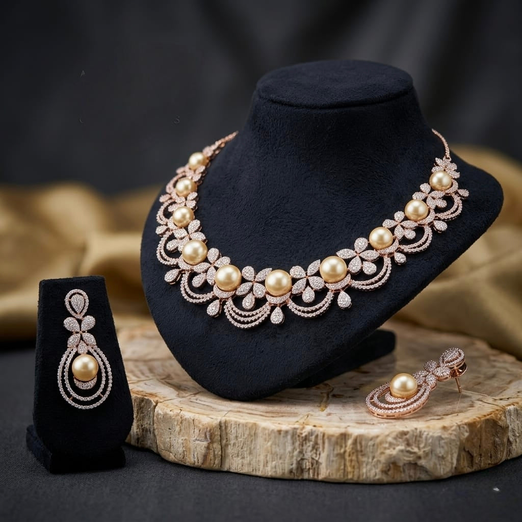Jalparee Radiant Rose Gold Floral Pearl Necklace Set