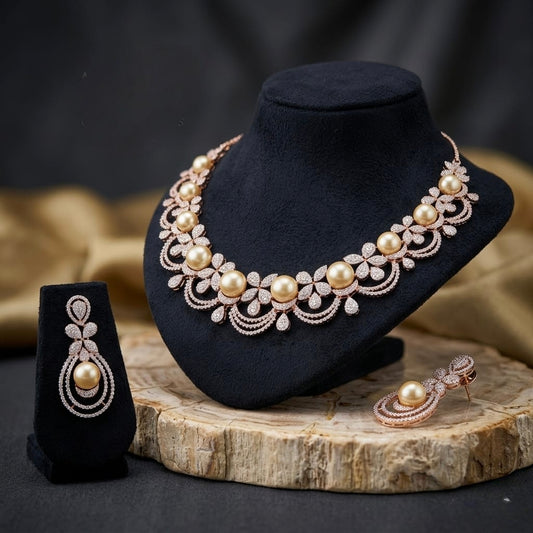 Jalparee Radiant Rose Gold Floral Pearl Necklace Set