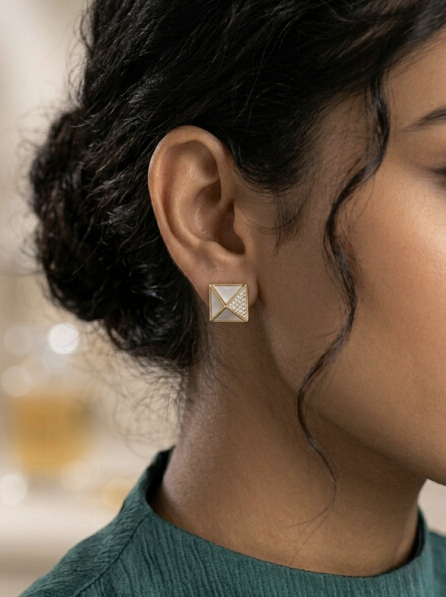 Jalparee Geometric 3D Pyramid Stud Earrings with Mother of Pearl & American Diamonds