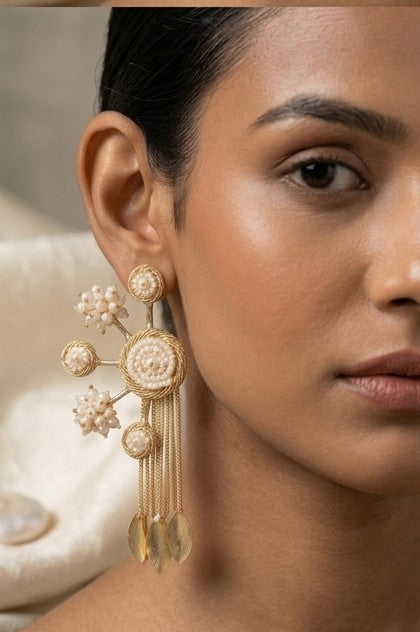 Jalparee Regal Gold-Plated Filigree & Pearl Medallion Statement Earrings with Cascading Tassels