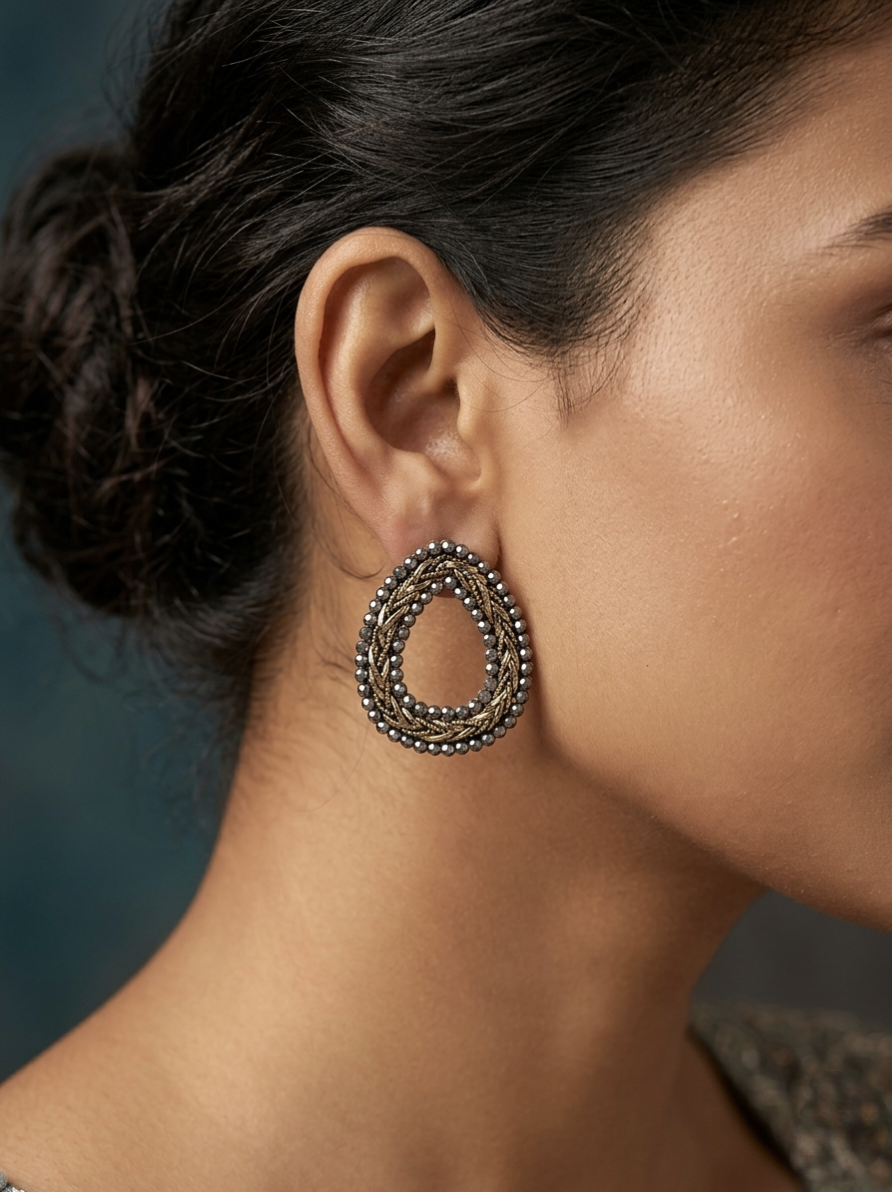 Jalparee Elegant Dual-Tone Textured Oval Stud Earrings