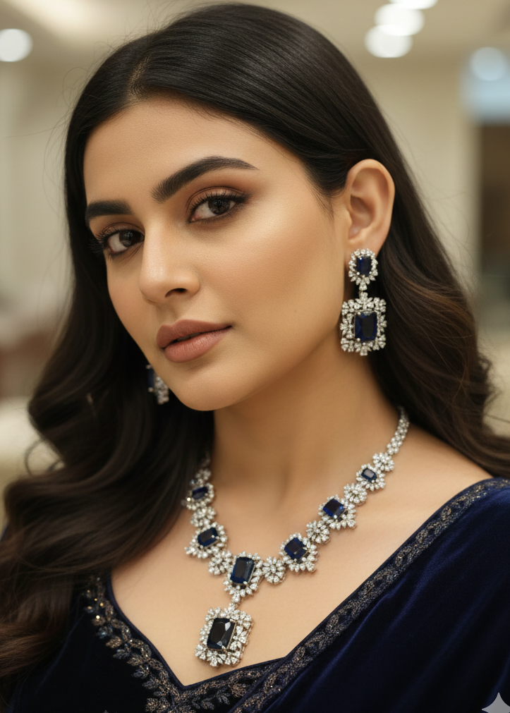 Sapphire Sky: Grand American Diamond & Blue Stone Necklace Set