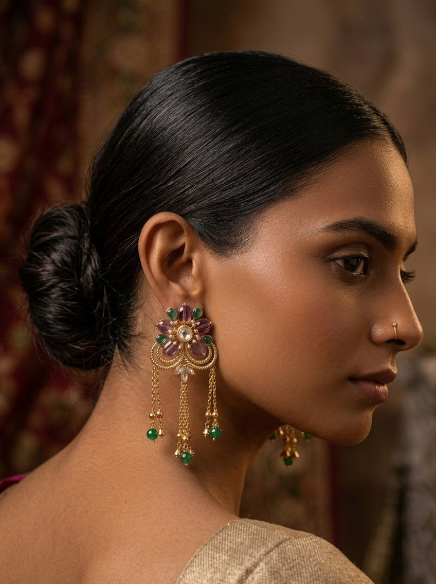 Jalparee Kundan Flower Chandbali Earrings with Purple & Emerald Drop Chains