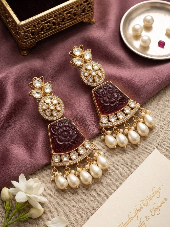 Jalparee Heritage Collection: Intricately Carved Maroon Panel and Kundan-Set Chandelier Jhumka Earrings with Multiple Pearl Drops