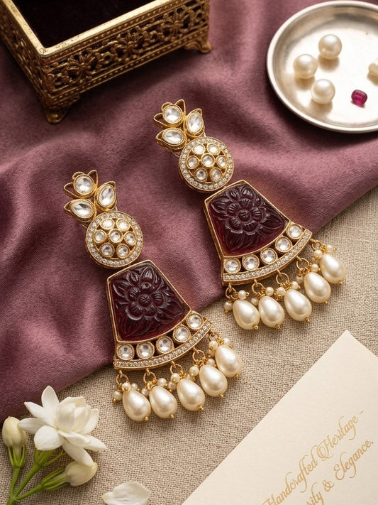 Jalparee Heritage Collection: Intricately Carved Maroon Panel and Kundan-Set Chandelier Jhumka Earrings with Multiple Pearl Drops