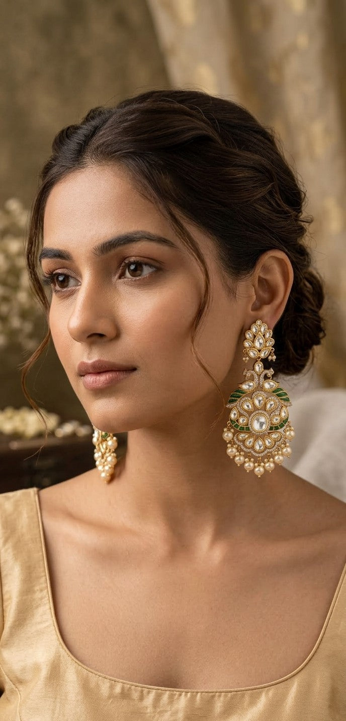 Jalparee Kundan Polki & Pearl Peacock Motif Drop Earrings - Elegant Gold Plated Traditional Jewelry