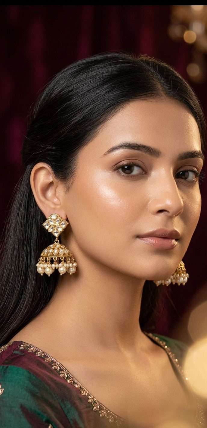 Jalparee Exquisite Kundan and Pearl Embellished Gold-Toned Traditional Jhumka Chandbali Earrings