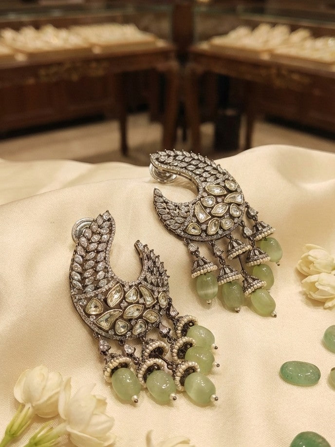 Jalparee Polki-Style CZ Silver Chandbali Earrings with Cascading Green Beads