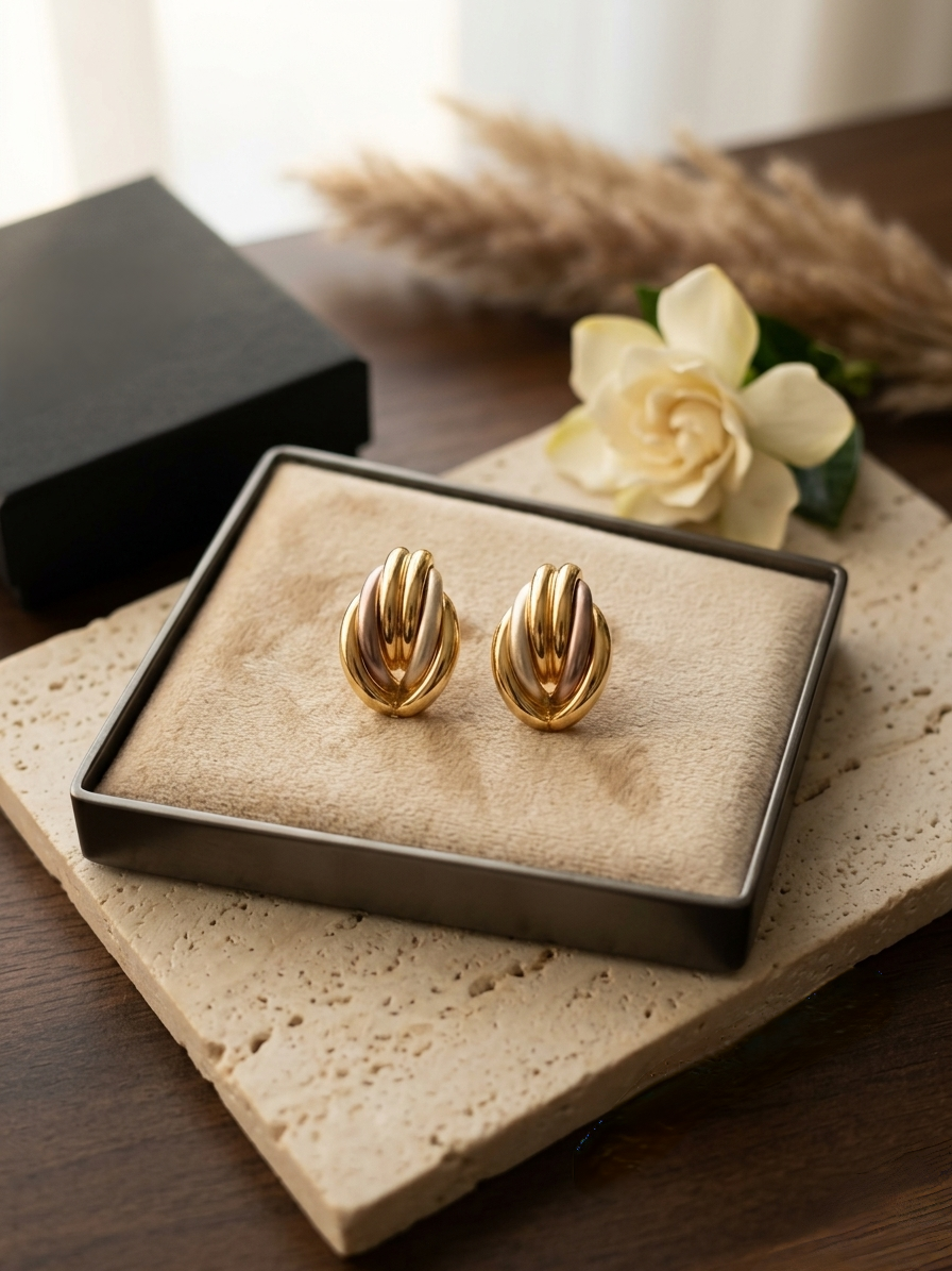 Jalparee Elegant Tri-Tone Interlocking Knot Stud Earrings – Classic Western Style