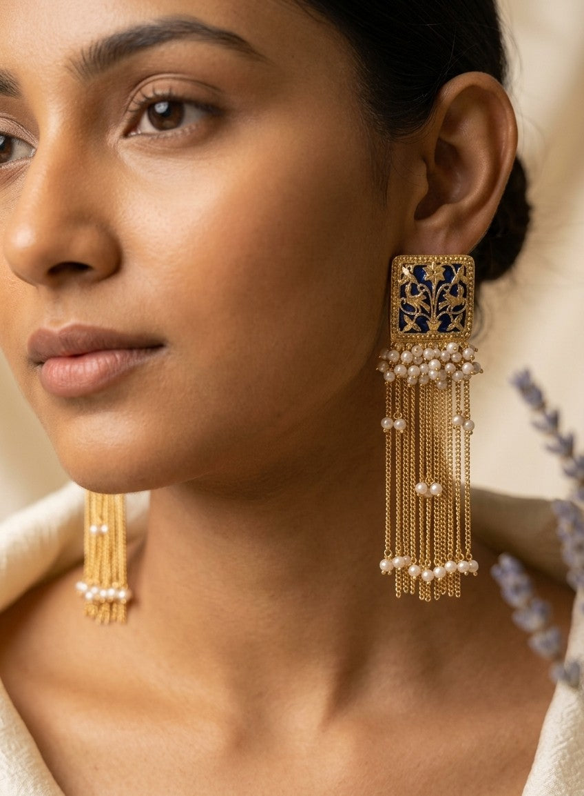Jalparee Meenakari Floral & Pearl Tassel Drop Earrings - Gold Plated, Royal Blue & White