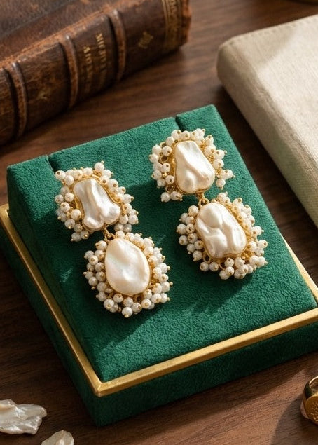 Jalparee Chandbali Double-Tier Pearl Hoop Earrings with Intricate Seed Pearl Clusters