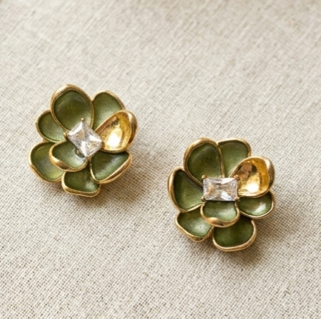 Jalparee Olive Blossom Enamel Stud Earrings with Baguette Crystal Accent