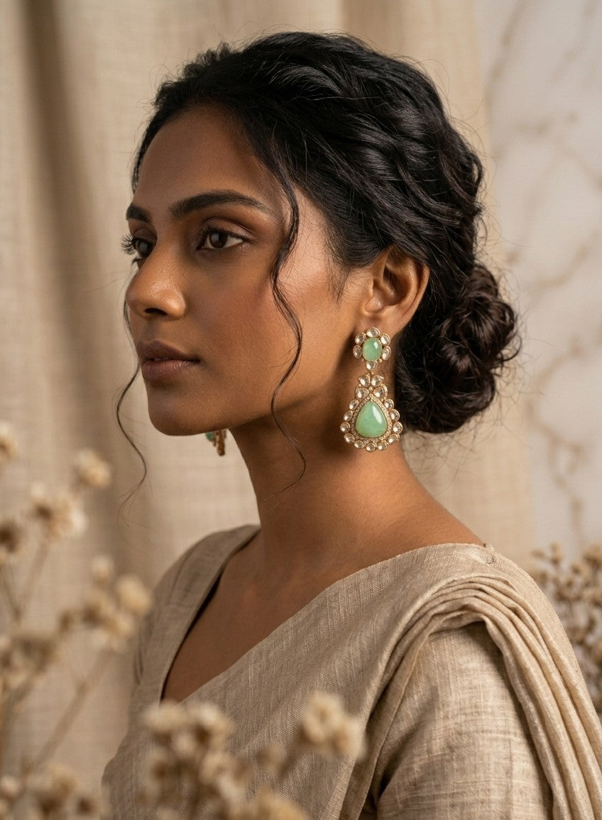 Jalparee Kundan Polki & Mint Green Stone Dangler Earrings