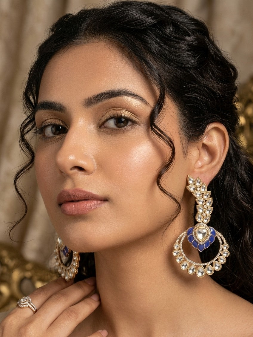Jalparee Kundan and Blue Enamel Royal Drop Earrings with Detachable Hoop