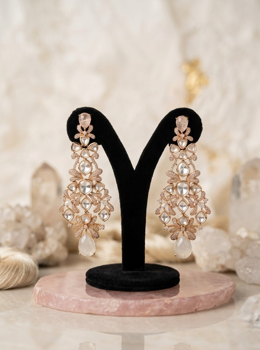 Adorned Allure: Exquisite Rose Gold & Kundan Chandelier Earrings