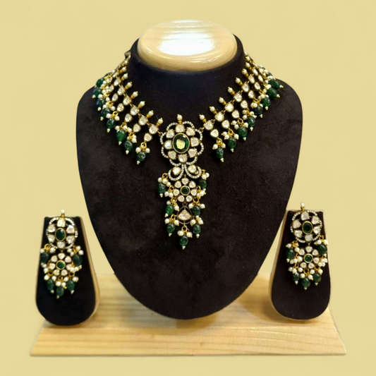 Traditional Moissanite Stone Studded Green Beaded Necklace Set