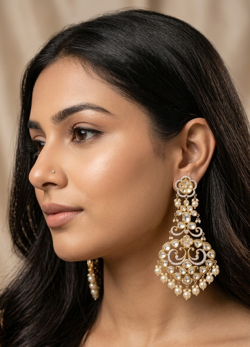 Jalparee Majestic Kundan and Pearl Chandelier Dangler Earrings