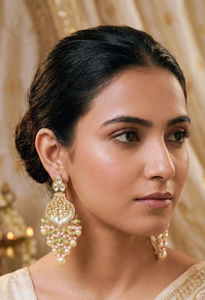 Jalparee Gold Plated Jhumka Earrings with Polki, Pearls, and Pink & Green Beads