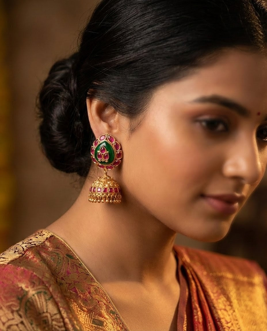 Jalparee 'Maharani' Ruby & Green Enamel Gold-Toned Jhumka Earrings