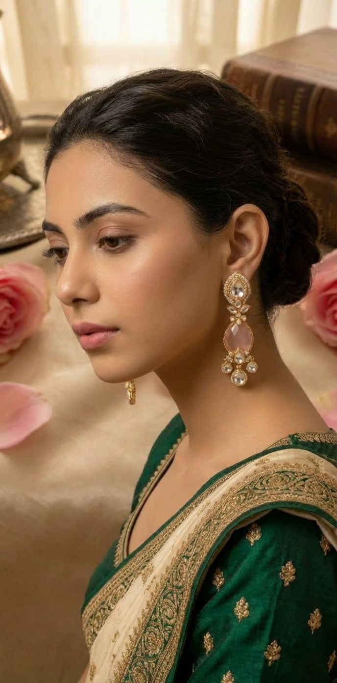Jalparee Handcrafted Kundan & Rose-Hued Teardrop Traditional Drop Earrings