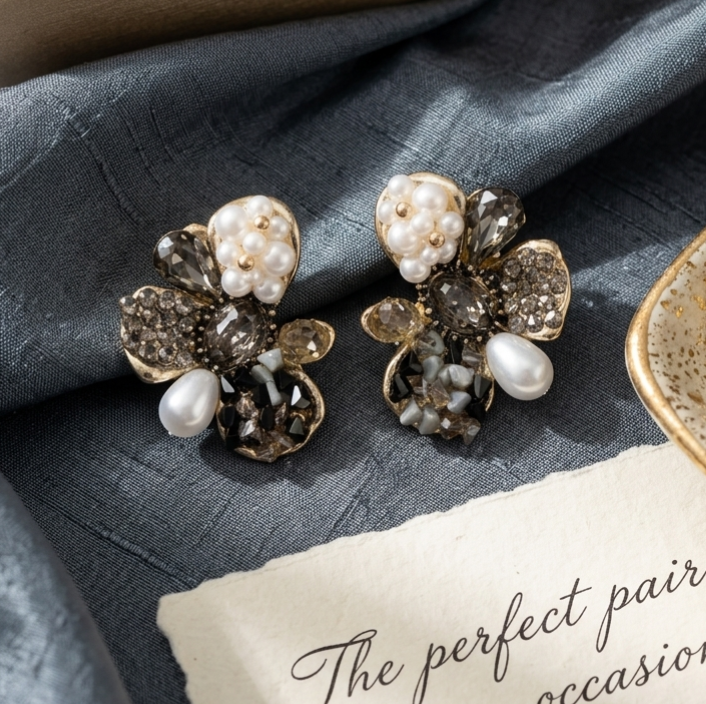 Jalparee Elegant Floral Cluster Stud Earrings with Pearls and Smoked Crystals