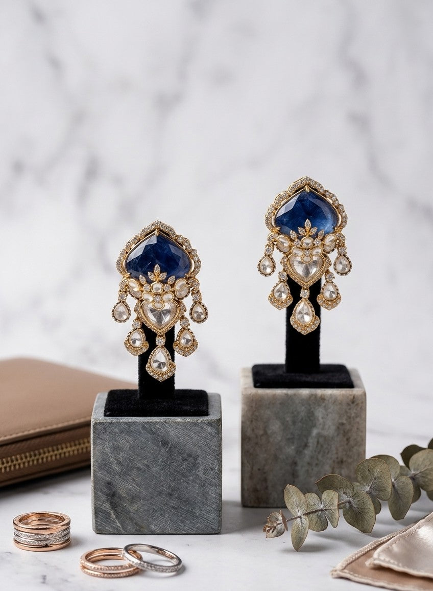 The Neelima Heritage Jhumka – Royal Blue Sapphire & Polki Drop Earrings