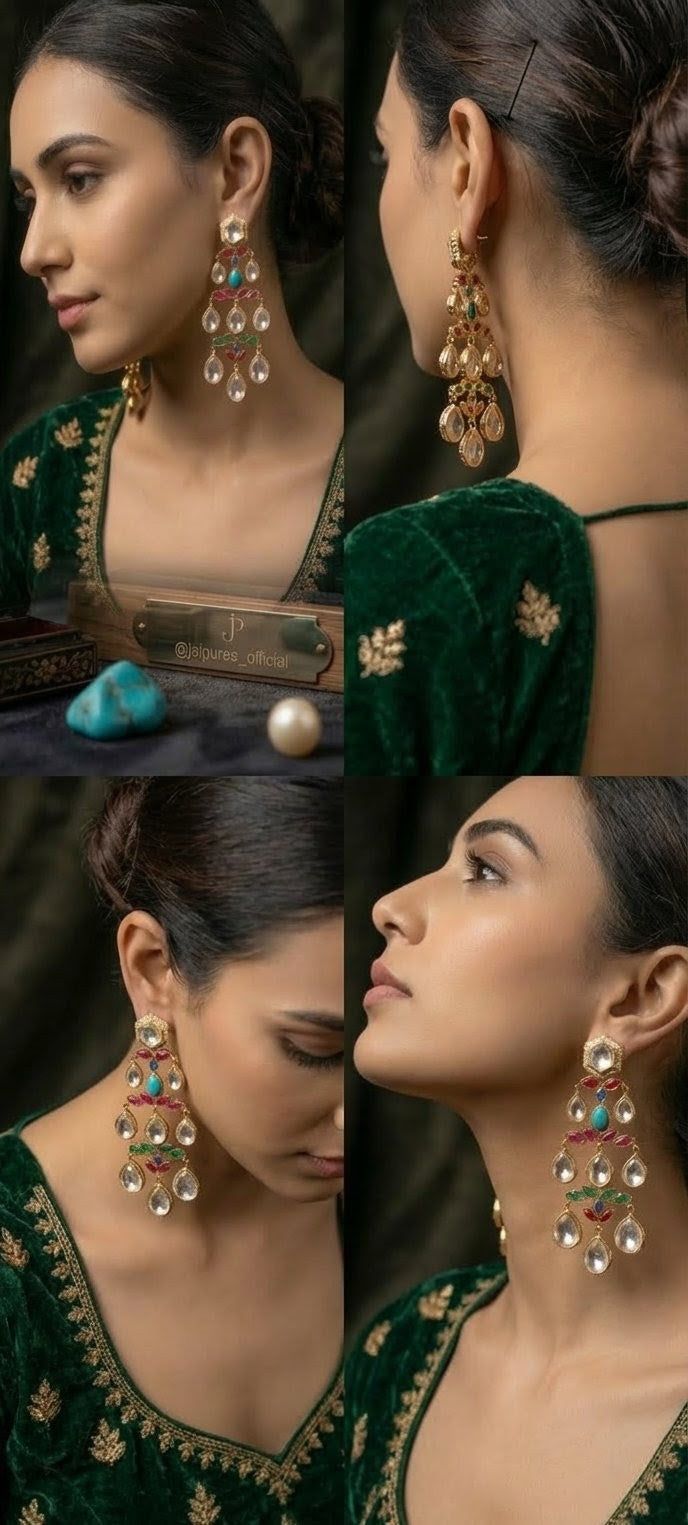 Jalparee Regal Multi-Stone Kundan Chandelier Earrings