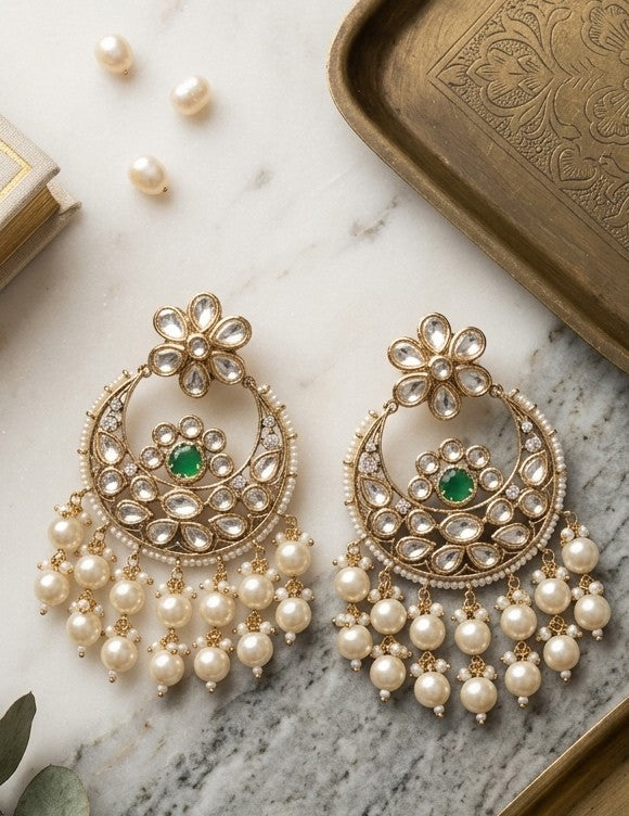 Jalparee Kundan & Pearl Traditional Chandbali Earrings with Emerald Accents