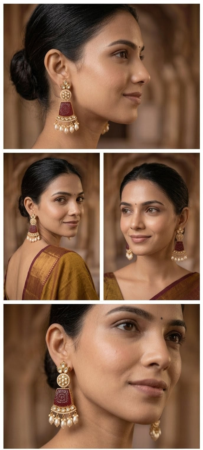 Jalparee Heritage Collection: Intricately Carved Maroon Panel and Kundan-Set Chandelier Jhumka Earrings with Multiple Pearl Drops