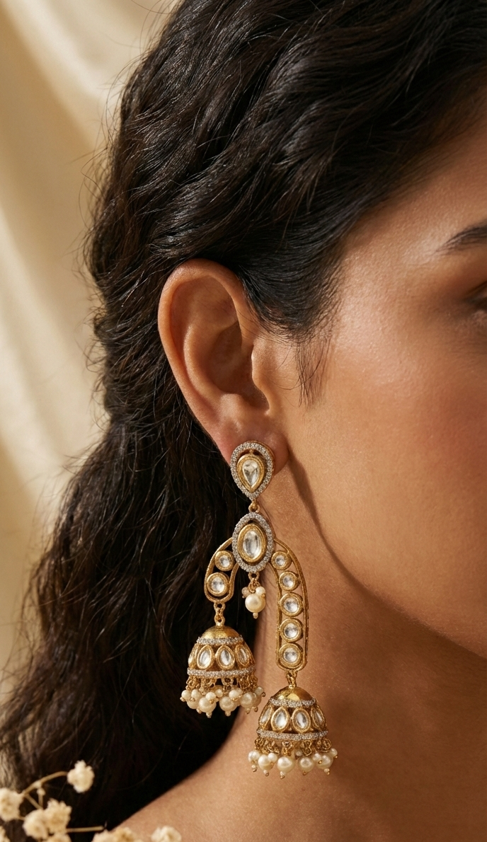 Jalparee Meenakari & Kundan Jhumka Earrings with Pearl Droplets