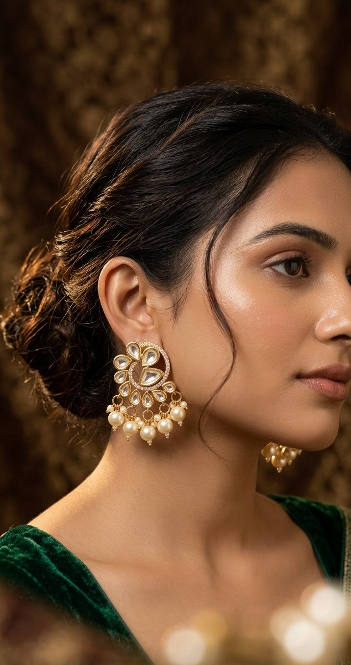 Jalparee Kundan and Pearl Filigree Swirl Chandbali Earrings