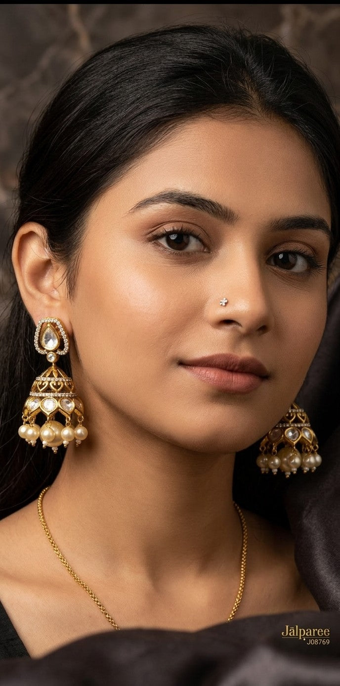 Jalparee Handcrafted 22K Gold-Plated Jhumka Earrings with Kundan-Style Details and Pearl Clusters