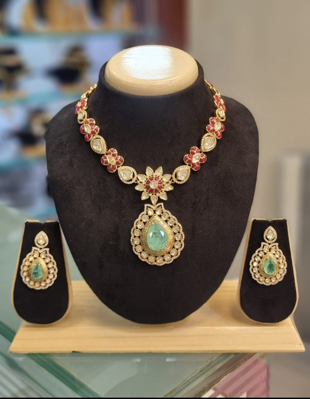 Traditional Ruby & Emerald Stone Studded Necklace Set with Earrings