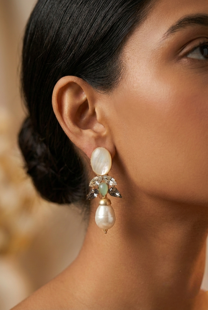 Jalparee Indo-Western Pearl & Crystal Drop Statement Earrings
