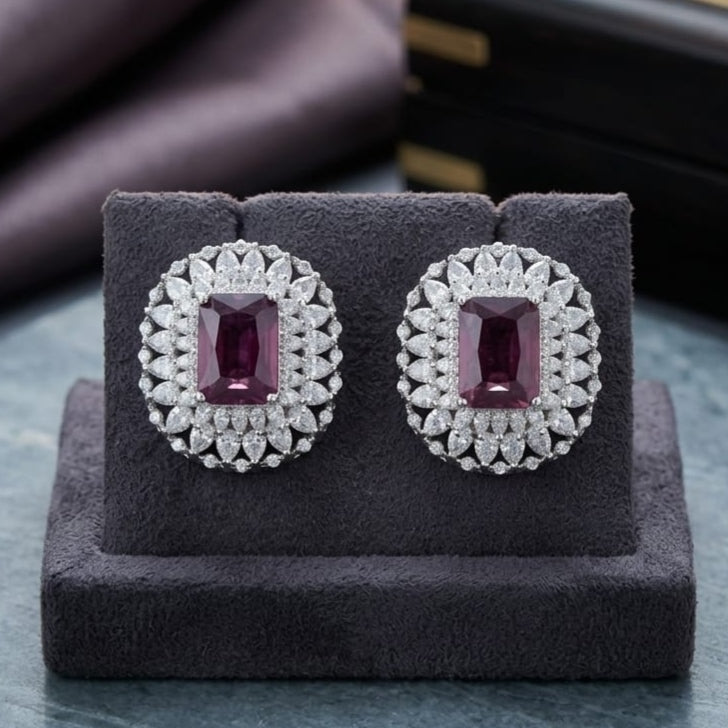 Royal Amethyst-Tone Radiant Halo Stud Earrings