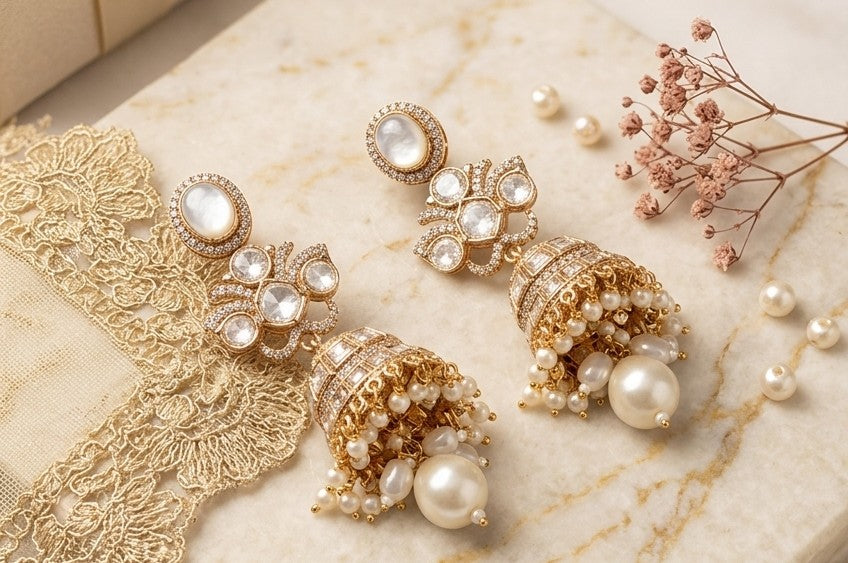 Jalparee Kundan Polki & Pearl Drop Jhumka Earrings