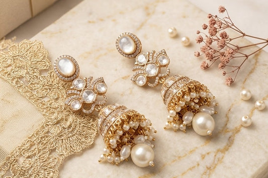 Jalparee Kundan Polki & Pearl Drop Jhumka Earrings